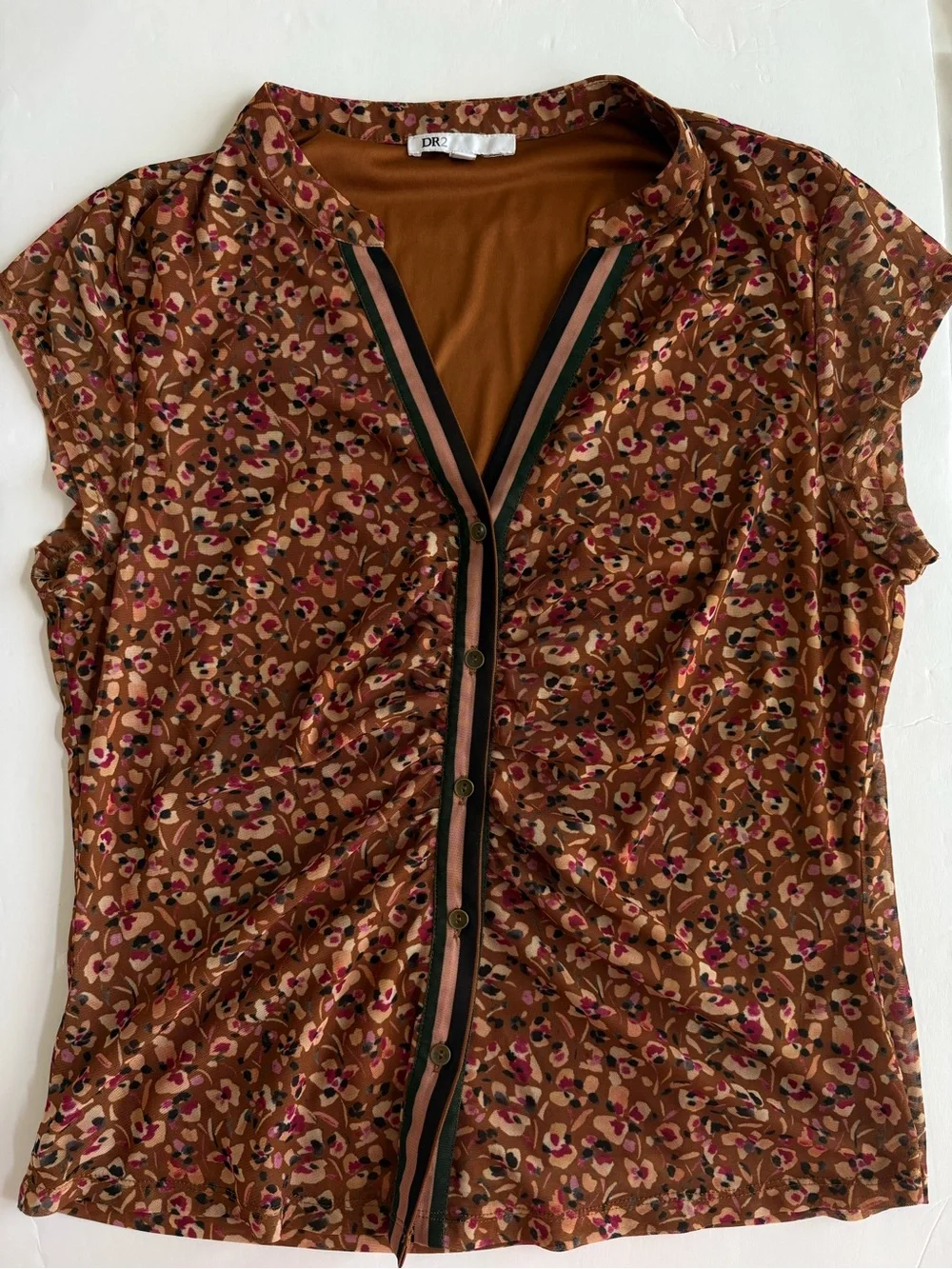 DR2 Brown Floral Button-Front Cap Sleeve Blouse with Pink Accents